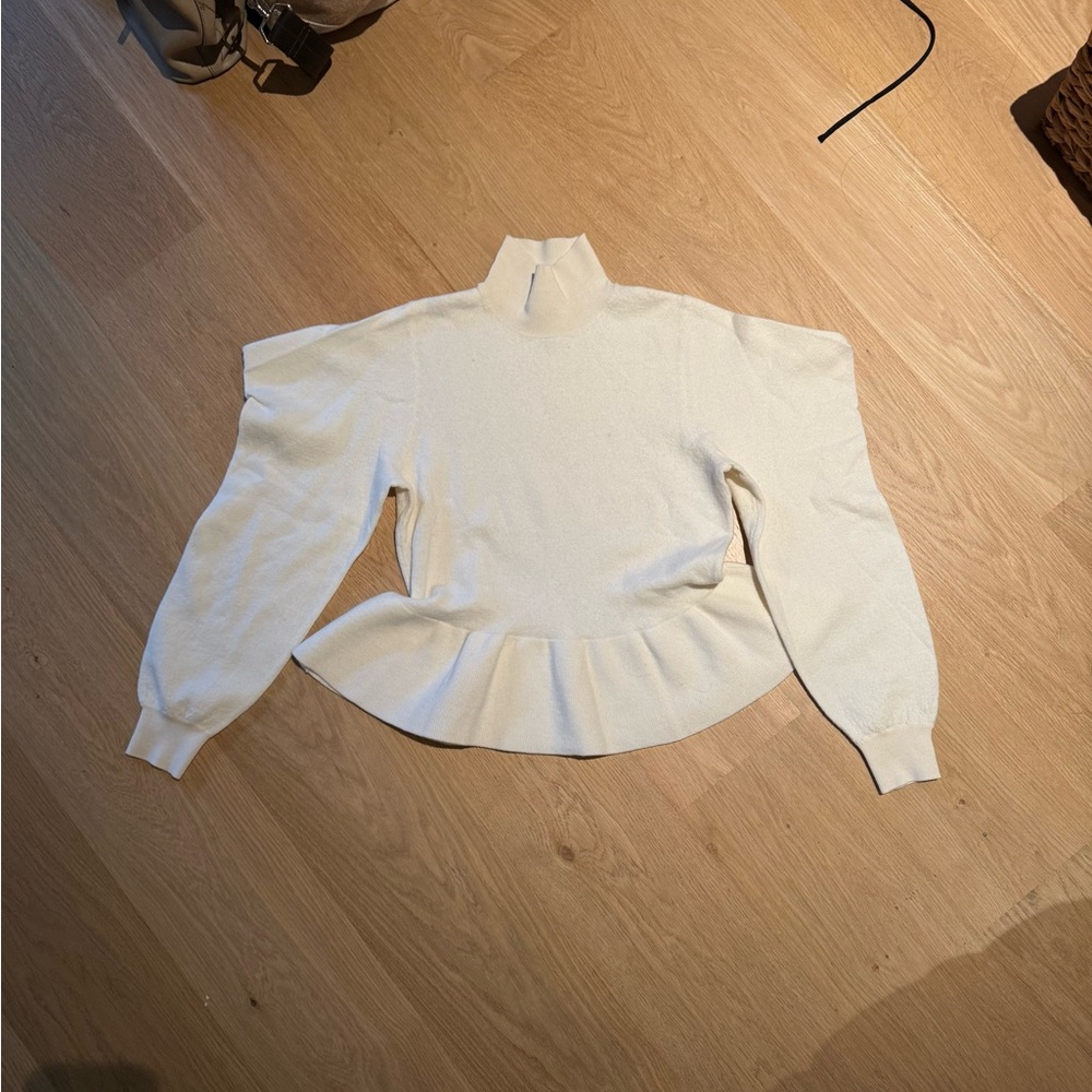 Ulla Johnson Rosa Turtleneck Sweater. Peplum and Puff-Sleeve. White Ivory